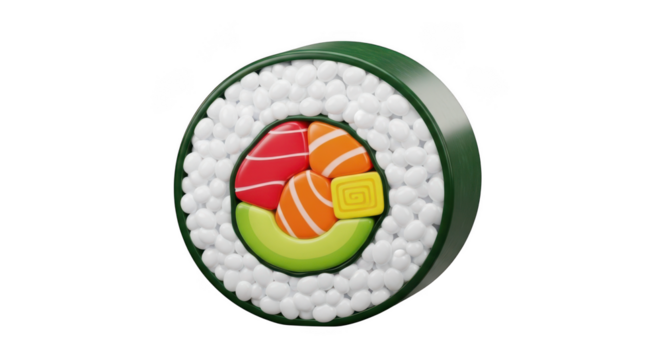 3D Rendered Sushi Roll with Avocado, Salmon, and Tuna on Background maki japanese food isolated on a transparent background