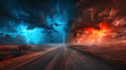 Obraz premium A dramatic landscape featuring a road under a stormy sky. Lightning strikes illuminate dark clouds in contrasting blue and red hues.