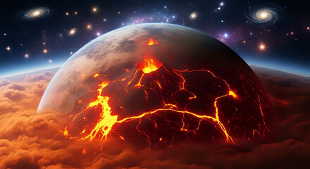 A planet with a volcano erupting lava surrounded by clouds and galaxies in the dark night sky