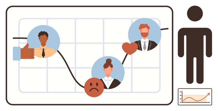 Graph featuring fluctuating emotions, team avatars, thumbs-up, and heart icons. Ideal for teamwork, feedback, emotion tracking, productivity analysis, growth performance review employee engagement
