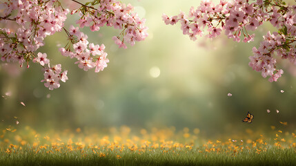 Delicate pink blossoms grace a sunlit meadow with a fluttering monarch butterfly spring cherry blossoms
