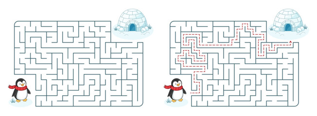 Help the Penguin Find the Igloo Maze Game. Rectangular Mid-level Labyrinth. Educational Flat Vector Illustration.