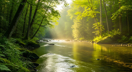 Fototapeta premium Peaceful forest river with golden sunlight filtering through green trees, clear water flowing gently over rocks, and a calm natural atmosphere.