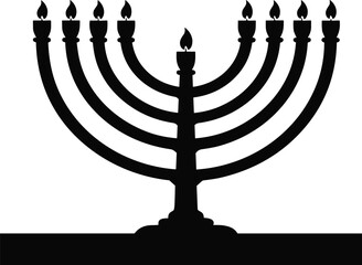Jewish menorah silhouette, Hanukkah candelabrum vector, nine branch candle holder design, cultural heritage symbol, religious holiday illustration, traditional flame celebration template