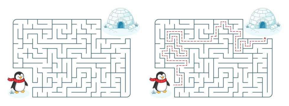 Help the Penguin Find the Igloo Maze Game. Rectangular Mid-level Labyrinth. Educational Flat Vector Illustration.