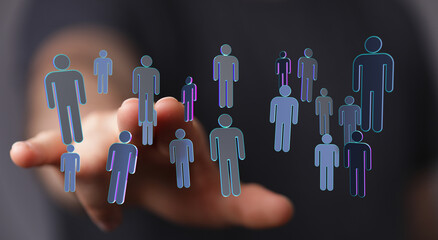 Hand reaching towards a network of connected digital people. Representing social media, communication, and huma