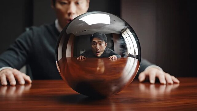 Businessman showing a shocked expression as a metallic sphere explodes with digital fragments on a wooden conference table, creating a paradoxical reflection of himself within the sphere