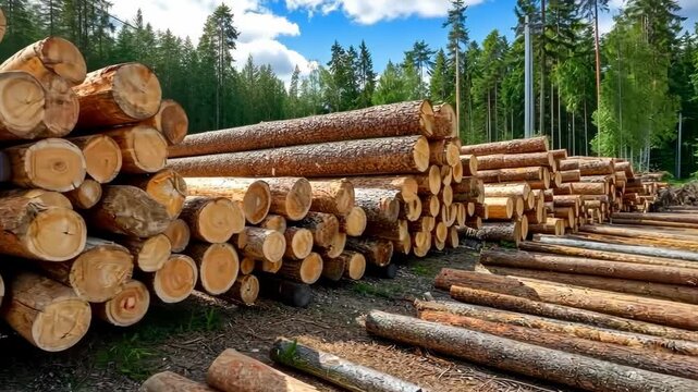 Timber logs stacked neatly in a forest clearing under a bright blue sky