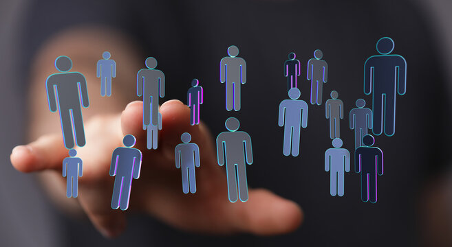 Hand reaching towards a network of connected digital people. Representing social media, communication, and huma