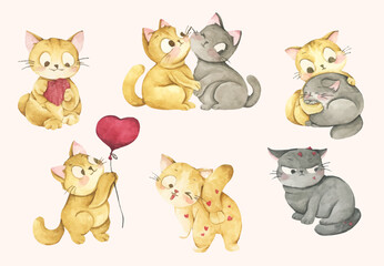 Cute Watercolor Cat Characters, Lovely Pet Couple in Love for Valentine and Wedding Design