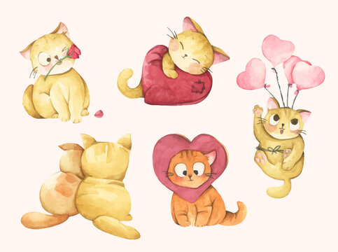 Cute Watercolor Cat Characters, Lovely Pet Couple in Love for Valentine and Wedding Design
