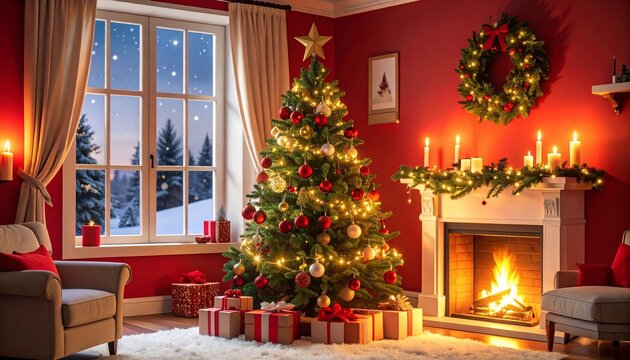 Cozy Christmas living room with tree, fireplace, and snow outside