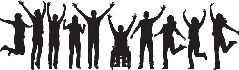 Fototapeta premium Diverse group of people celebrating with raised arms and joyful poses