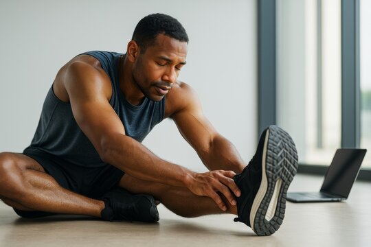 Fit man stretching indoors on the floor with laptop in background, wearing sportswear, natural light, wellness and fitness concept. Ai generative