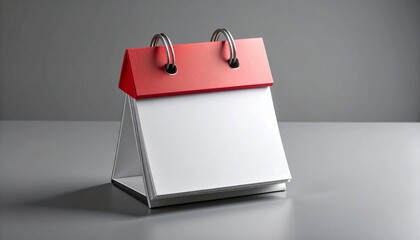 Blank desk calendar with red binding and metal rings on flat surface