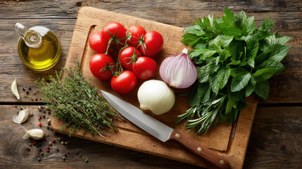 Fresh vegetable and herb for cooking healthy meal. Food ingredient like tomato, onion, and garlic arranged on rustic wooden cutting board