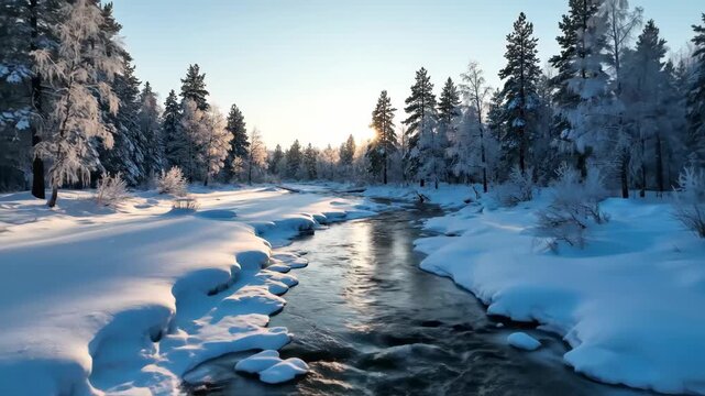 Winter landscape presenting a partially frozen river flowing through a snow-covered forest during a golden sunrise, creating a serene and quiet natural scene