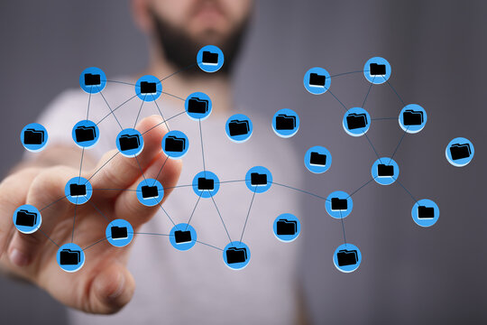Concept of data connectivity and global network. Person touching the files in a network,  business technology o