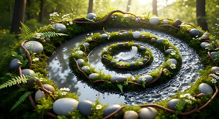 Spiral water feature with stones moss and feather in a forest setting on a bright sunny day