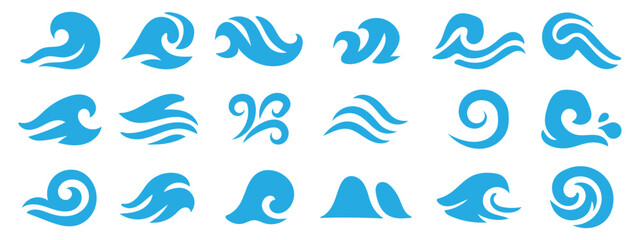 Sea wave icon set vector. Water tribal tidal streams with breeze swirls. Water waves, ocean wave and splashes nautical storm symbol. vector illustration. © MdNurul