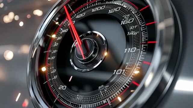Fast speedometer shows high acceleration during a thrilling drive on a straight road in bright daylight