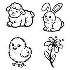 Easter and spring animals icons with lamb, bunny, chick, and flower sheep