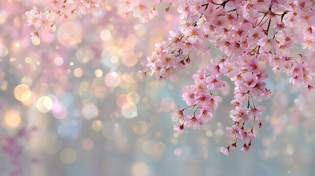 Delicate pink cherry blossoms cascade against a soft bokeh background pink flowers spring