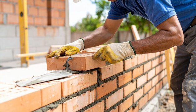 Bricklaying action with red bricks, mortar, and construction gloves