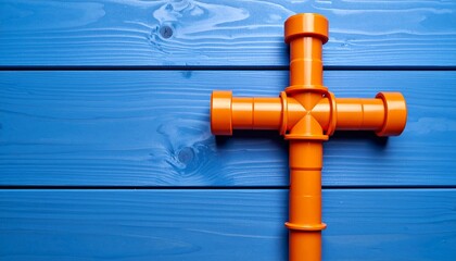 Industrial pipe fitting with bold orange cross on blue wood backdrop