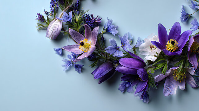 Delicate purple and blue floral arrangement on pastel background flat lay purple flowers - Powered by Adobe