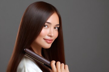 Hair model with perfectly straight hair holding a professional flat iron tool