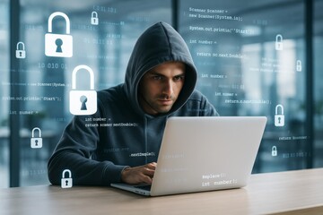 Hacker in hoodie using laptop with digital padlock graphics and code overlays on tech background, symbolizing cybersecurity threat concept.