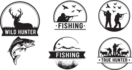 Hunting and Fishing Emblems: Deer, Fish, Hunters, and Birds in Silhouettes