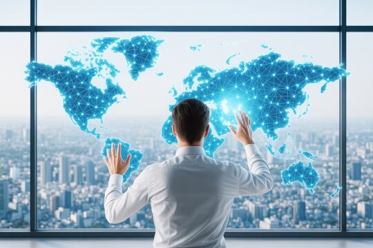 Businessman interacting with digital world map interface showing global network connections in modern office with city background and abstract light effects.