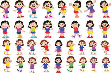Cute cartoon girl character set with various facial expressions and playful poses, adorable little girl animation design collection for kids illustrations