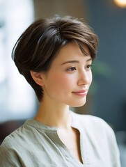 Fototapeta premium Japanese fashion and beauty, a woman receiving a sleek hairstyle in a bright salon