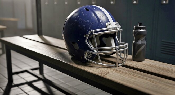 Blue football helmet and sports water bottle on bench in locker room  
