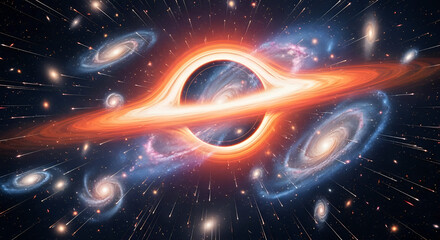 A digital rendering of a black hole surrounded by galaxies and shooting star like streaks of light