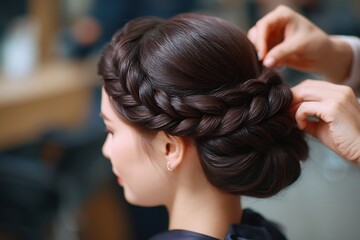 Fototapeta premium Beautiful and intricate braided updo for a bride, showcasing sophisticated wedding hair design