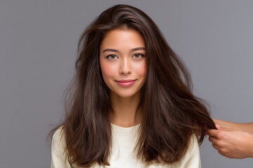 Naklejka premium Japanese fashion and beauty, a woman receiving a sleek hairstyle in a bright salon
