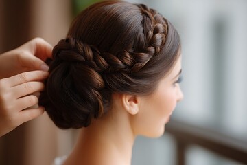 Naklejka premium Beautiful and intricate braided updo for a bride, showcasing sophisticated wedding hair design