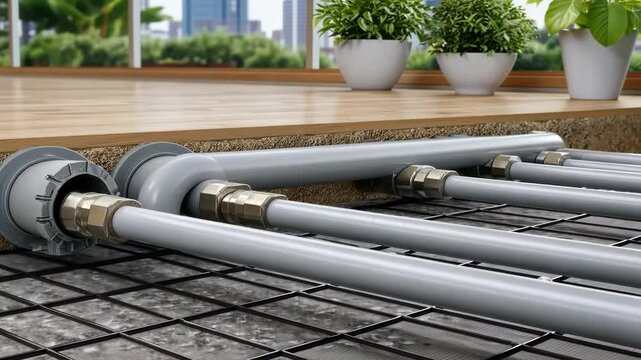 Plumbing installation process for radiant floor heating in a modern home setting with stylish decor