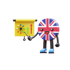 Cute 3D United Kingdom flag character presenting growth arrows and colorful chart for business progress concept.