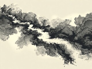 Abstract Chinese ink painting depicts black ink swirling in water, creating a dreamlike and ethereal landscape through expressive brushstrokes, negative space, and monochrome art.