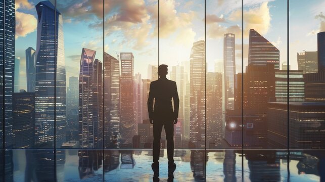 Silhouette of a man in a suit standing in front of a large window overlooking a modern city skyline at sunset. Skyscrapers and clouds are visible.