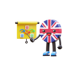 3D United Kingdom flag character showing process flow chart on yellow board for business strategy concept.