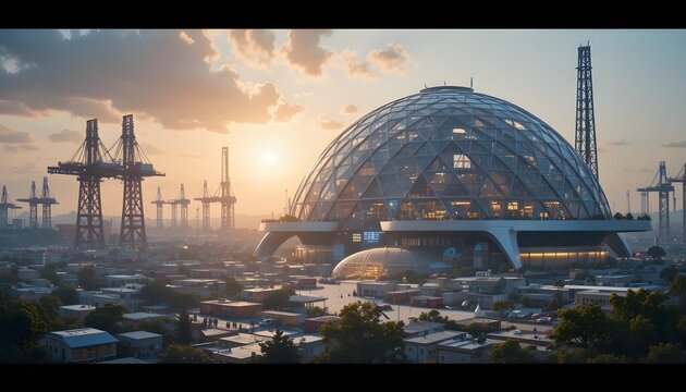 &ldquo;Futuristic trade hubs powered by renewable energy and robotic logistics under a transparent dome city.&rdquo;
