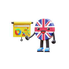 3D United Kingdom flag character presenting analytics dashboard with colorful graphs for business performance.
