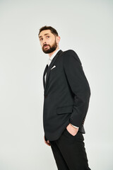 Fototapeta premium Bearded man in elegant suit capturing the essence of Valentines Day romance