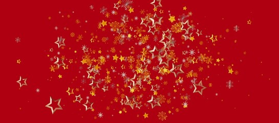 Christmas background with golden stars and snowflakes on a vibrant red backdrop. Perfect for holiday greetings and festive designs. Evokes joy, © vegefox.com